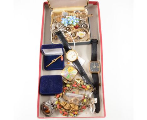 A collection of costume jewellery, brooches, scarf clips, pill boxes, a gold-plated gate link bracelet, cufflinks, a gentlema