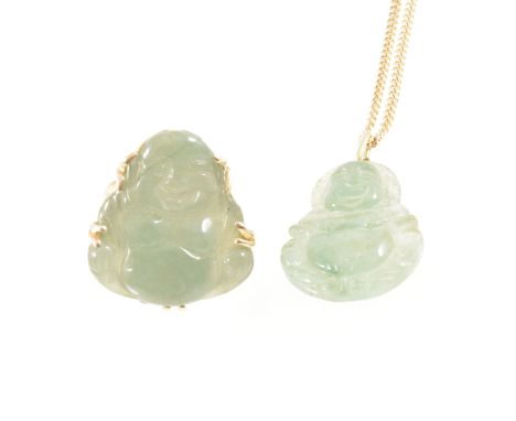 A matching jade pendant and ring, both in the form of a Buddha, set in all yellow metal, the yekllow metal filed curb link ch