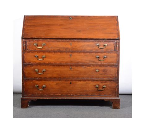 Large George III mahogany bureau, fall front above four long graduating drawers, all with satinwood cross-banding, boxwood an