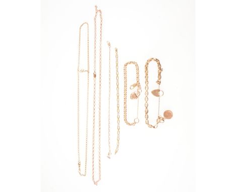 Four bracelets and two neck chains, all gold coloured, some hallmarked 9 carat gold or 9c, an oval hollow chain link bracelet