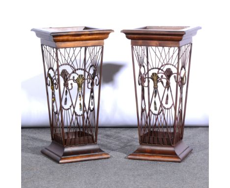 Pair of contemporary stick-stands, hardwood and wrought metal frames, height 58cm.