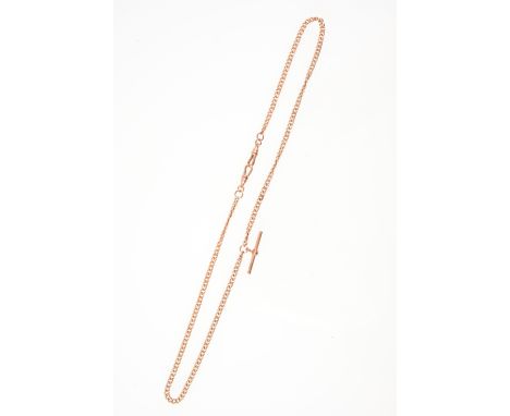 A rose metal double watch albert chain, 3.3mm solid non-graduated curb links fitted with a T bar and two swivel fasteners, ov