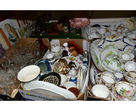 FIVE BOXES AND LOOSE CERAMICS, GLASSWARES, SUNDRIES, PICTURES, ETC, to include a pair of plated candlesticks, Smiths wooden f