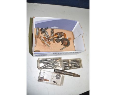 A SMALL TRAY CONTAINING MILLING TOOLS including reamers, chuck etc