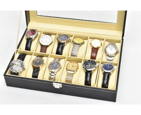 A CASE OF TWELVE GENTLEMAN'S WRISTWATCHES, to include Sekonda, Accurist, Timex, Umbro etc., all cased within a hinged black l