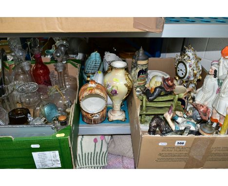 TWO BOXES AND LOOSE CERAMICS AND GLASSWARE, including a Victorian Staffordshire pottery flatback spill vase 'Robin Hood', a s