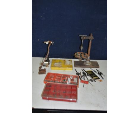 A SELECTION OF ENGINEERS THREADING AND MARKING TOOLS including a  vintage adjustable tapping stand 39cm high, a multi joint s
