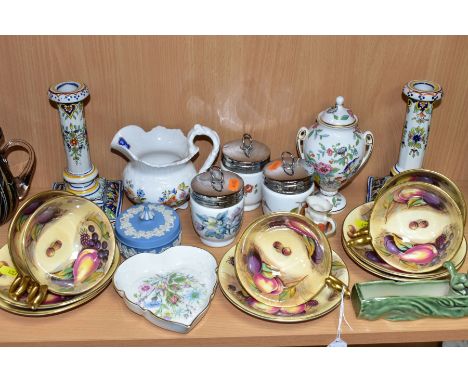 A GROUP OF CERAMICS, to include five Aynsley 'Orchard Gold' cups (seconds) and five saucers, all signed N.Brunt, green backst