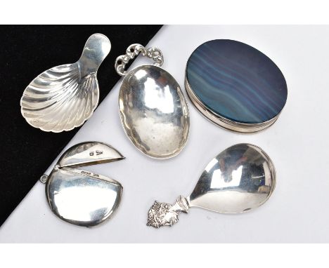 FIVE SILVER AND WHITE METAL ITEMS, to include three caddy spoons, one with shell bowl, one with queen's head terminal, togeth