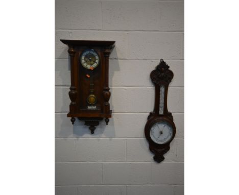 AN EARLY 20TH CENTURY WALNUT VIENNA WALL CLOCK, height 76 cm (missing pediment) (winding key and pendulum) and an early 20th 