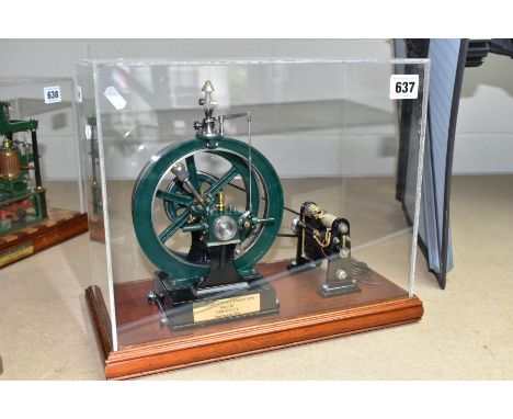 A CASED HANDBUILT SCALE MODEL OF A COOMBER LIVE STEAM ROTARY ENGINE OF 1876, not tested, powering a dynamo/electric motor, co