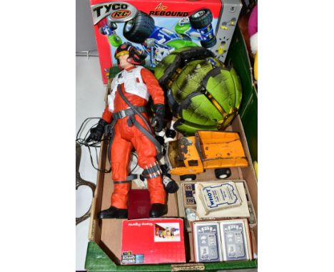 A BOX AND LOOSE TOYS, ETC, to include a Tyco Shell Shocker with remote control unit, Tyco Air Rebound - missing remote contro