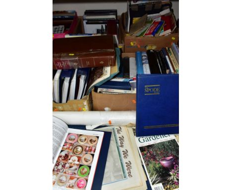 SIX BOXES AND LOOSE BOOKS, MAPS, ETC, to include Ordnance Survey maps (staffordshire, Italy, etc), gardening, Heraldry, Staff