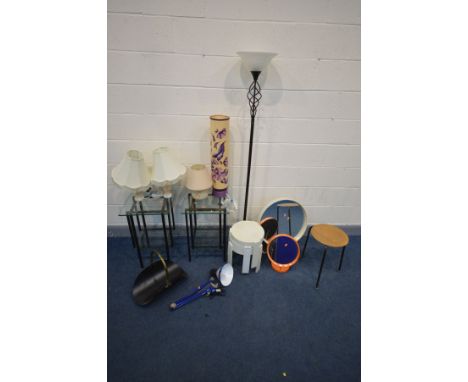 A QUANTITY OF OCASSIONAL FURNITURE to include a pair of black metal framed glass top tables, black uplighter, four various ta