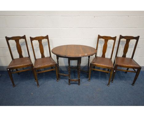 AN EARLY 20TH CENTURY OAK BARLEY TWIST GATE LEG TABLE, and four arts and crafts splat back chairs (5)