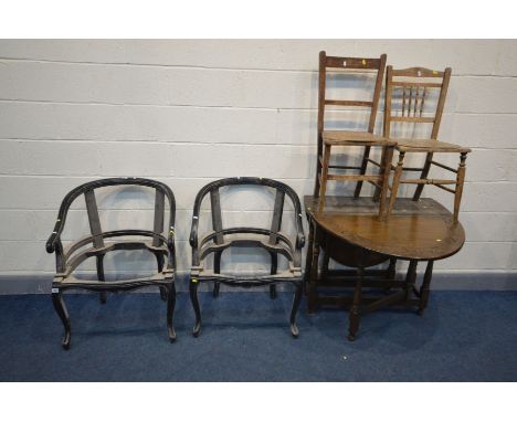 A PAIR OF EBONISED FRENCH STYLE TUB CHAIRS (no upholstery) along with an oak gate leg table and two Edwardian chairs (4)