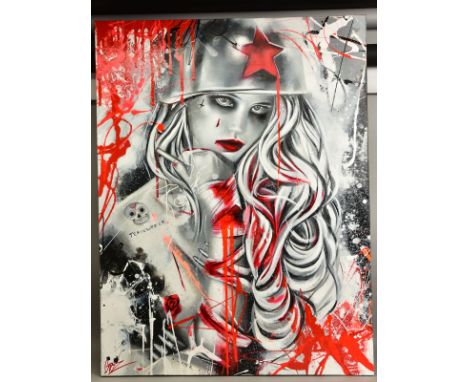 EMMA GRZONKOSWSKI (BRITISH CONTEMPORARY) 'THE DESTRUCTOR - TRAIN WRECK', a contemporary graffiti style portrait of a female f