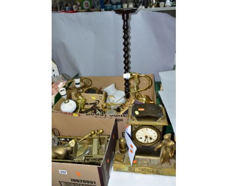 TWO BOXES OF METAL WARES, MANTEL CLOCK AND SUNDRIES, ETC, to include a brass model horse and cart, length approximately 40cm,