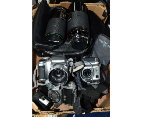 PHOTOGRAPHIC EQUIPMENT, to include a Canon Canonet 28 35mm compact film camera with case, Praktika FX2 35mm SLR camera body, 