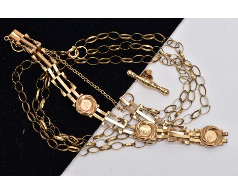 THREE ITEMS OF JEWELLERY, to include a gate bracelet set with three circular panel settings, 9ct hallmark, length 190mm, a T-