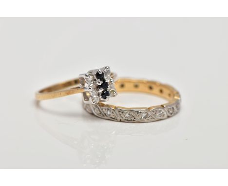 TWO RINGS, the first a diamond eternity ring, each single cut diamond within millIgrain surrounds, stamped 9ct, ring size M ½