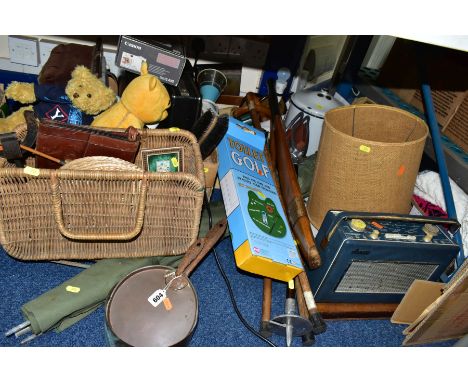 TWO BOXES AND LOOSE METALWARES, TREEN, MISCELLANEOUS ITEMS, etc, including a wicker basket and place mats, copper pan and lid