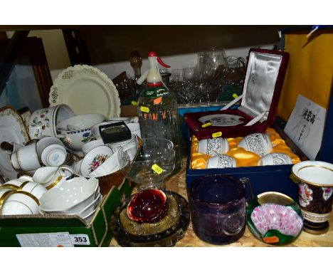 TWO BOXES AND LOOSE CERAMICS, GLASS, ETC, to include Minton 'Winchester' part coffee set (four cups, cream jug, sugar and six