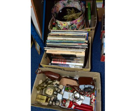 THREE TRAYS OF LPS, BOOKS AND MISCELLANEOUS ITEMS, noteable items include Jethro Tull - Songs from the Wood and Living in the