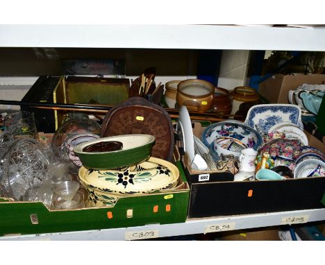 FOUR BOXES AND LOOSE CERAMICS, GLASS AND COLLECTABLES, etc, including a George VI wooden measuring stick stamped J. Rabone &a