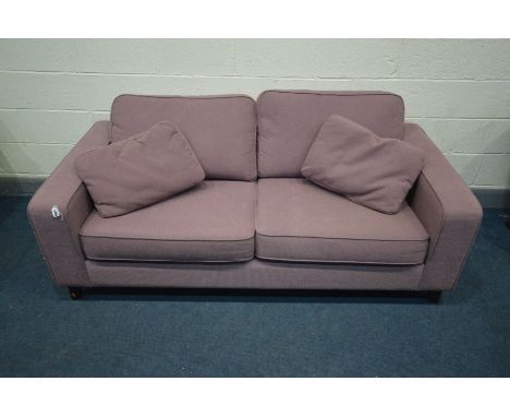 A PURPLE UPHOLSTERED SOFA WORKSHOP TWO SEAT SETTEE, inner width 155cm, outer width 187cm