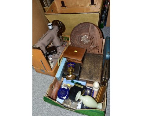 A BOX AND LOOSE SUNDRY ITEMS ETC, to include a Singer 201K sewing machine with accessories, boxed flatwares including six sil