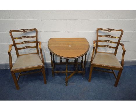 AN SMALL OAK GATE LEG TABLE, width 75cm x open depth 112cm x closed depth 41cm x height 73cm and a pair of beech open armchai