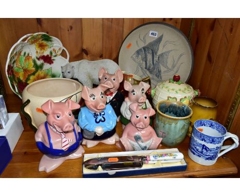 A SET OF FIVE WADE NAT WEST PIGGY BANKS AND OTHER 19TH AND 20TH CENTURY CERAMICS, including a Victorian blue and white transf