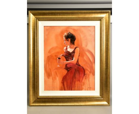 MARK SPAIN (BRITISH CONTEMPORARY) a seated portrait of a female figure wearing a red dress, signed bottom right, oil on canva