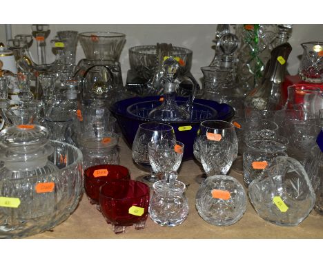 A QUANTITY OF CUT GLASS, ETC, to include decanters, vases, water jugs, fruit bowls, drinking glasses, storage and preserve po