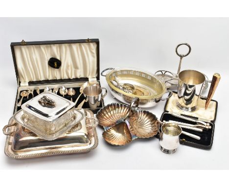 A BOX OF MAINLY SILVER PLATED WARE, to include a lidded entrée dish, an oval dish with glass liner, an EPNS tankard with horn