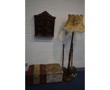 A QUANTITY OF OCCASSIONAL FURNITURE to include a  mahogany two door wall shelf, oak barley twist standard lamp with a fabric 