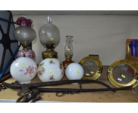 OIL LAMPS, SHADE AND SUNDRIES, comprising a cast iron base with splatter glass and silver foil reservoir, etched and cranberr
