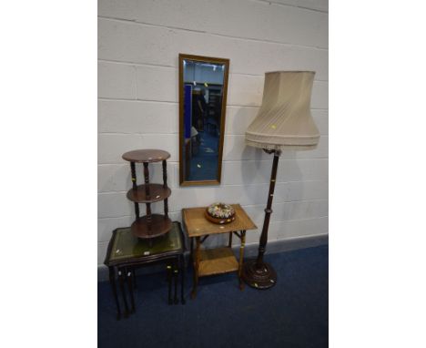 A MAHOGANY NEST OF THREE TABLES, along with an early 20th century beech standard lamp with a fabric shade, bamboo occasional 