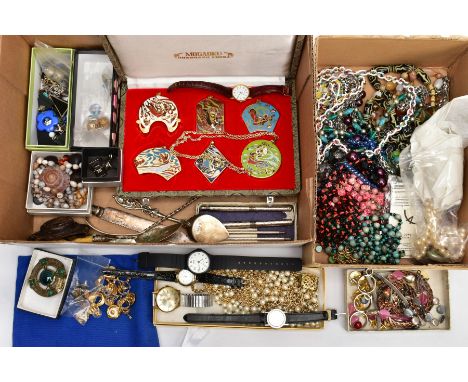 TWO BOXES OF MAINLY COSTUME JEWELLERY, to include bead necklaces, a cased set of six enamelled rolled gold pendants, earrings