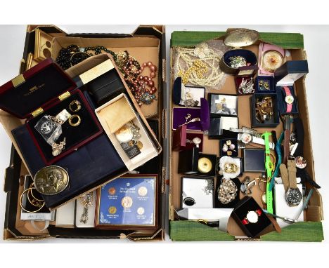 THREE BOXES OF COSTUME JEWELLERY, WRISTWATCHES AND COLLECTABLE ITEMS, to include a number of Elvis related jewellery, a bande