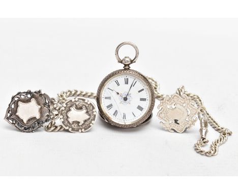 A SILVER OPEN FACE POCKET WATCH, A SILVER ALBERT WITH THREE FOBS, the ladies pocket watch with a white dial painted floral de