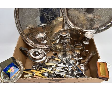 A BOX OF MAINLY SILVER PLATED WARE, to include a large oval tray with two handles, a circular tray with pierced rim, a candel