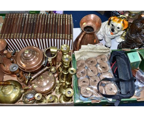 THREE BOXES AND LOOSE METALWARES, BOOKS, ETC, including an early 20th Century bronzed hollow cast table lamp in the form of a