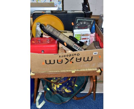 TWO BOXES, A STORAGE BOX AND LOOSE PICTURES, STOOL, SUNDRY HOUSEHOLD ITEMS, etc, including an accoustic guitar (no labels), a