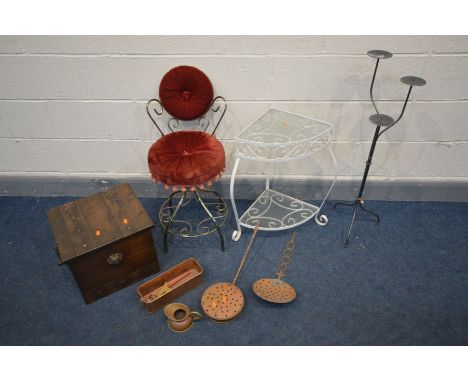 A QUANTITY OF METALWARE AND OCCASSIONAL FURNITURE to include a 20th century wire work dressing table chair, a white corner un