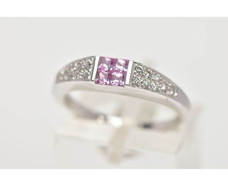 A MODERN 18CT WHITE GOLD PINK SAPPHIRE AND DIAMOND DRESS RING, centring on four square cut pink sapphires to diamond shoulder