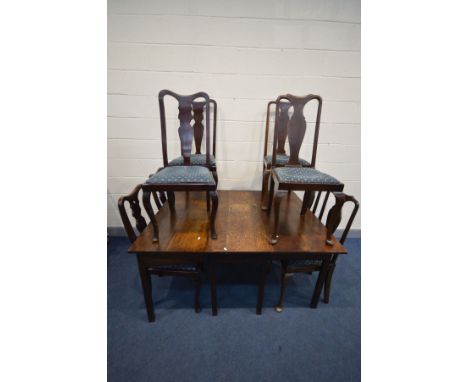 A GEORGIAN OAK GATE LEG TABLE on square legs, open length 150cm x closed length 50cm x depth 117cm x height 71cm and two sets