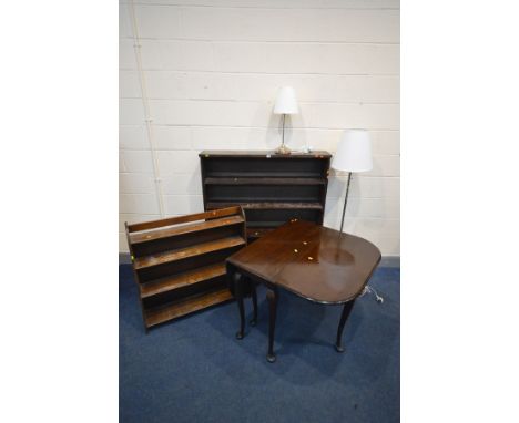 AN EARLY 20TH CENTURY OAK BOOKCASE, width 117cm x depth 24cm x height 133cm, an oak waterfall bookcase, mahogany drop leaf ta