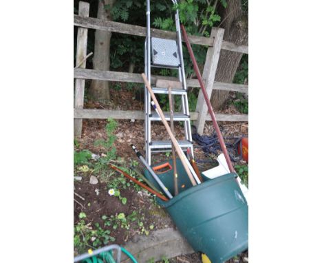 AN ALUMINIUM STEP LADDER, height 160cm and a selection of garden tools including a wheeled refuse carrier, a vintage wooden h